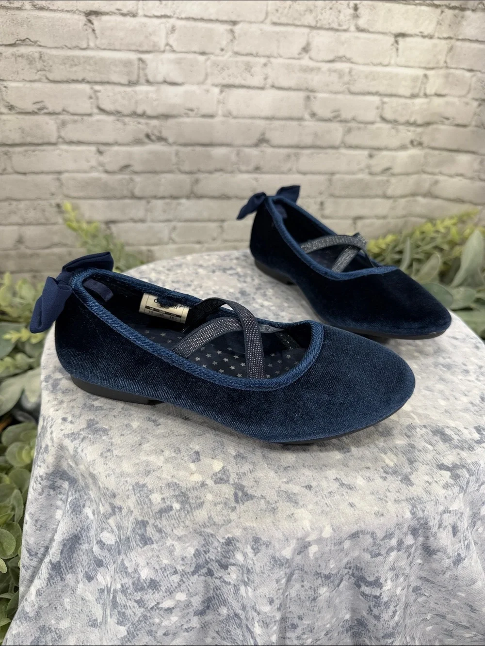 OSH KOSH B’GOSH “Vashti” Dark Navy Blue Velvet Ballet Bow Flats 💙 Girls 12M EUC